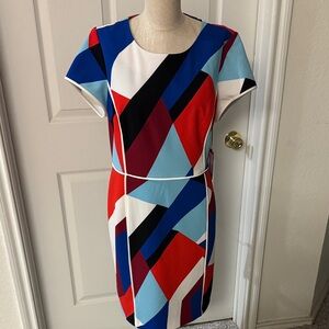 Bold Geometric Sheath Dress in Red, Blue and White